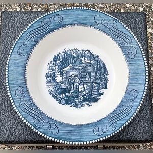 Royal China CURRIER & IVES Blue Scroll MAPLE SUGARING Rimmmed 9” Vegetable Bowl